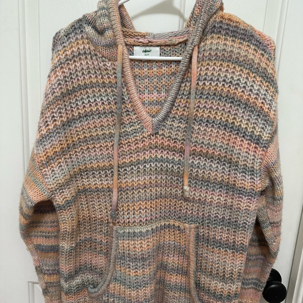 0171 aerie Multicolor V-Neck Hoodie Sweater in Pink, Gray & Cream‎ womens XS